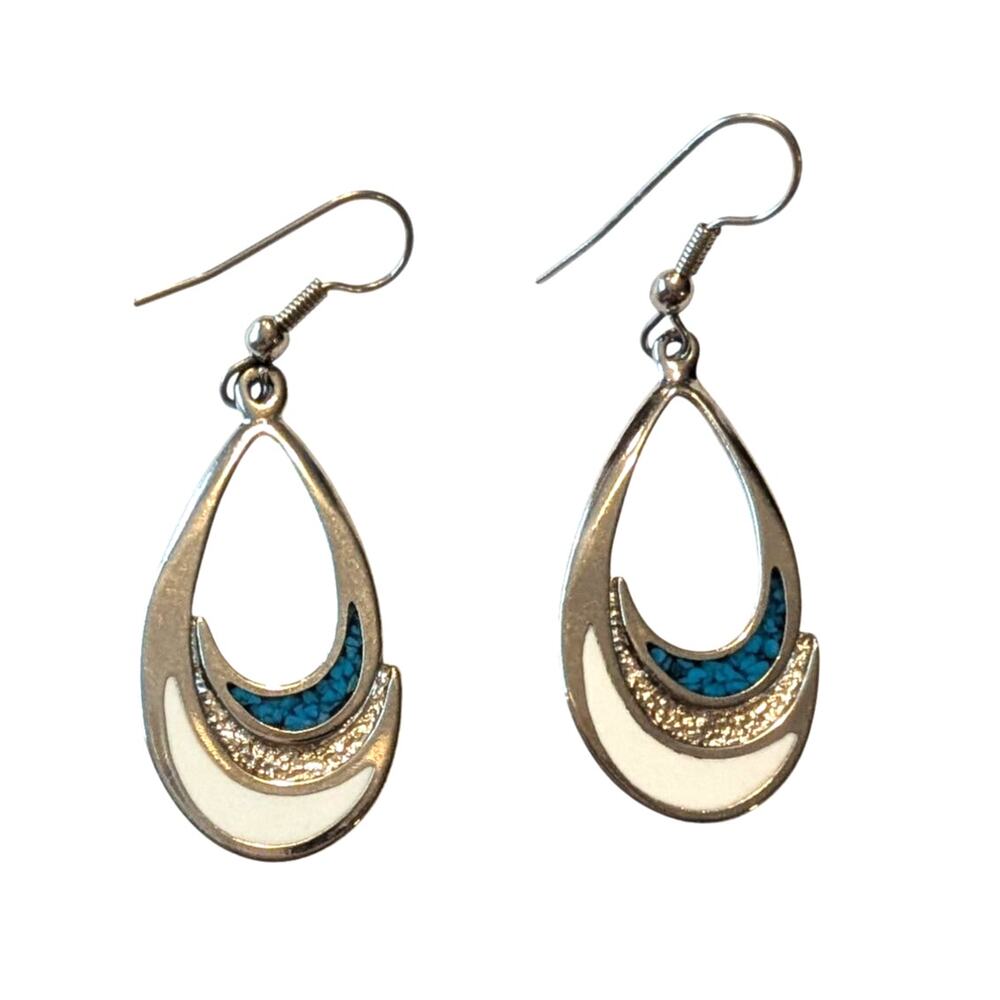 Turquoise Teardrop Dangle Earrings Silver Tone Resin Hammered
